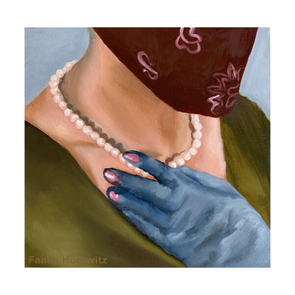 SELF PORTRAIT WITH PEARL NECKLACE AND DISPOSABLE GLOVES